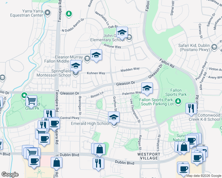 map of restaurants, bars, coffee shops, grocery stores, and more near 3483 Rimini Lane in Dublin