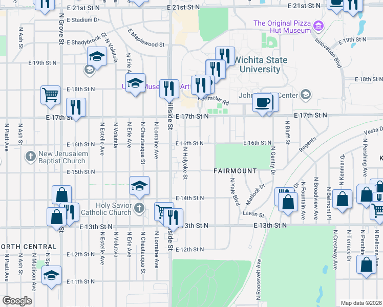 map of restaurants, bars, coffee shops, grocery stores, and more near 1640 North Holyoke Street in Wichita