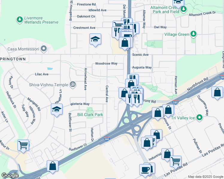 map of restaurants, bars, coffee shops, grocery stores, and more near 5812 Flora Common in Livermore