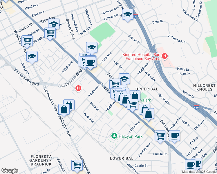 map of restaurants, bars, coffee shops, grocery stores, and more near 14100 East 14th Street in San Leandro