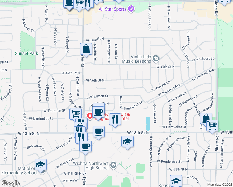 map of restaurants, bars, coffee shops, grocery stores, and more near 8406 West Thurman Street in Wichita