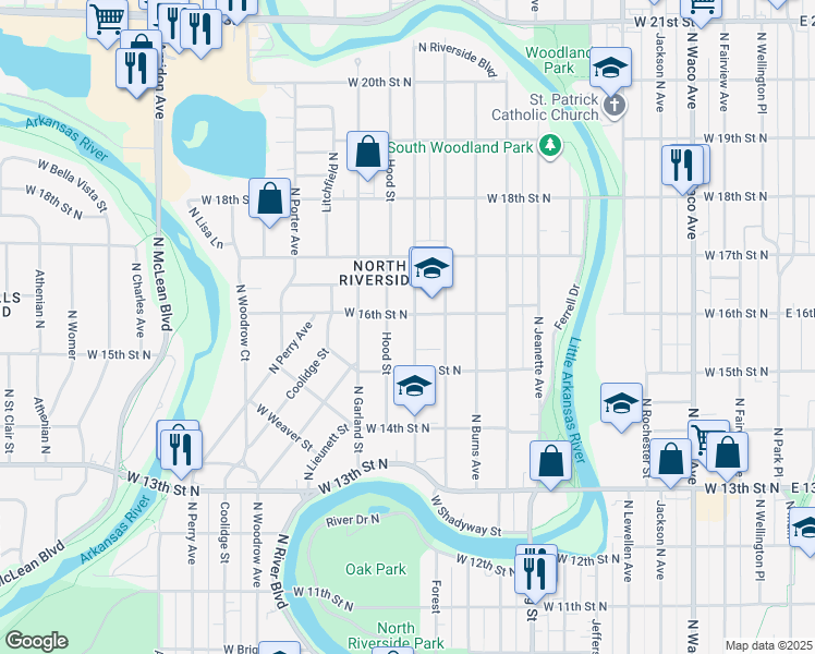 map of restaurants, bars, coffee shops, grocery stores, and more near 1649 N Payne Ave in Wichita