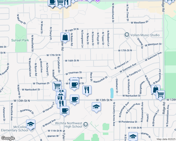 map of restaurants, bars, coffee shops, grocery stores, and more near 8406 West Thurman Street in Wichita