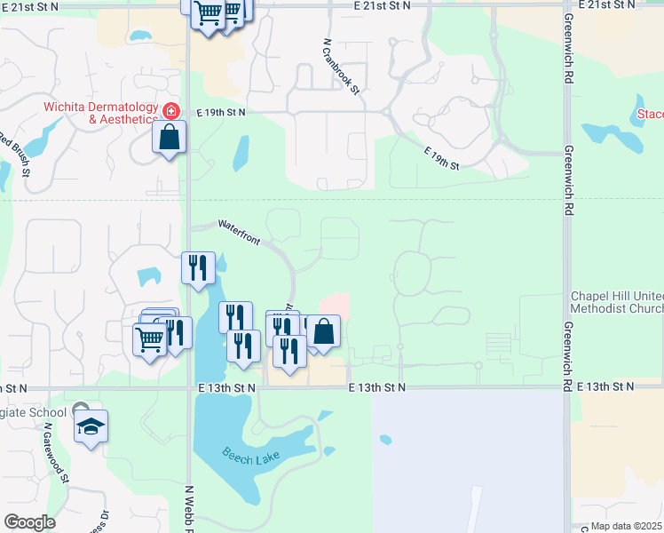 map of restaurants, bars, coffee shops, grocery stores, and more near 1631 North Red Oaks Street in Wichita