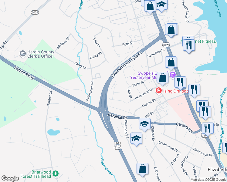 map of restaurants, bars, coffee shops, grocery stores, and more near 118 Edgewood Drive in Elizabethtown