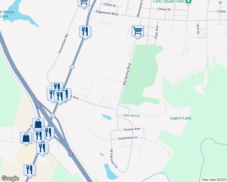 map of restaurants, bars, coffee shops, grocery stores, and more near 1100 Big Spring Boulevard in Perryville