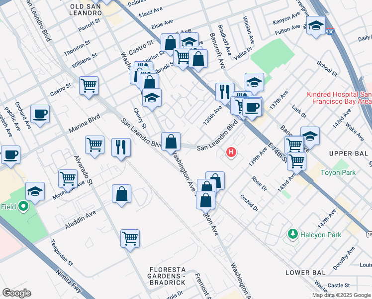 map of restaurants, bars, coffee shops, grocery stores, and more near 911 Coburn Court in San Leandro