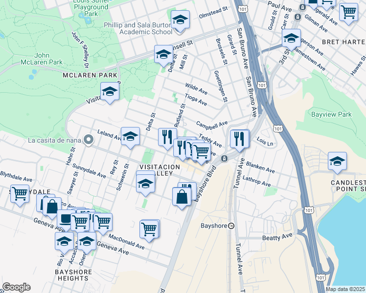 map of restaurants, bars, coffee shops, grocery stores, and more near 142 Raymond Ave in San Francisco