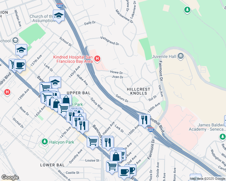 map of restaurants, bars, coffee shops, grocery stores, and more near 14652 Saturn Drive in San Leandro