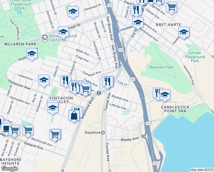 map of restaurants, bars, coffee shops, grocery stores, and more near 2152 Racine Lane in San Francisco