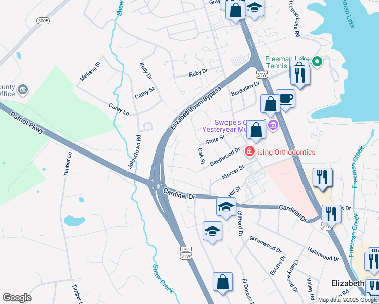 map of restaurants, bars, coffee shops, grocery stores, and more near 104 Cottage Circle in Elizabethtown