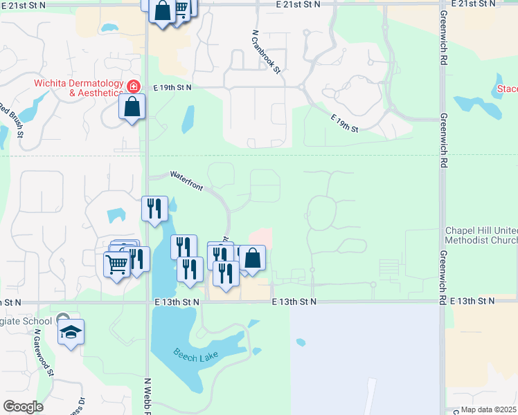 map of restaurants, bars, coffee shops, grocery stores, and more near 1631 North Red Oaks Street in Wichita