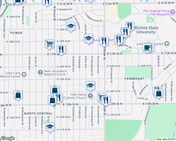 map of restaurants, bars, coffee shops, grocery stores, and more near 1638 North Erie Street in Wichita