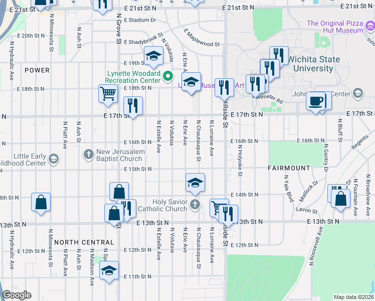 map of restaurants, bars, coffee shops, grocery stores, and more near 1638 North Erie Street in Wichita