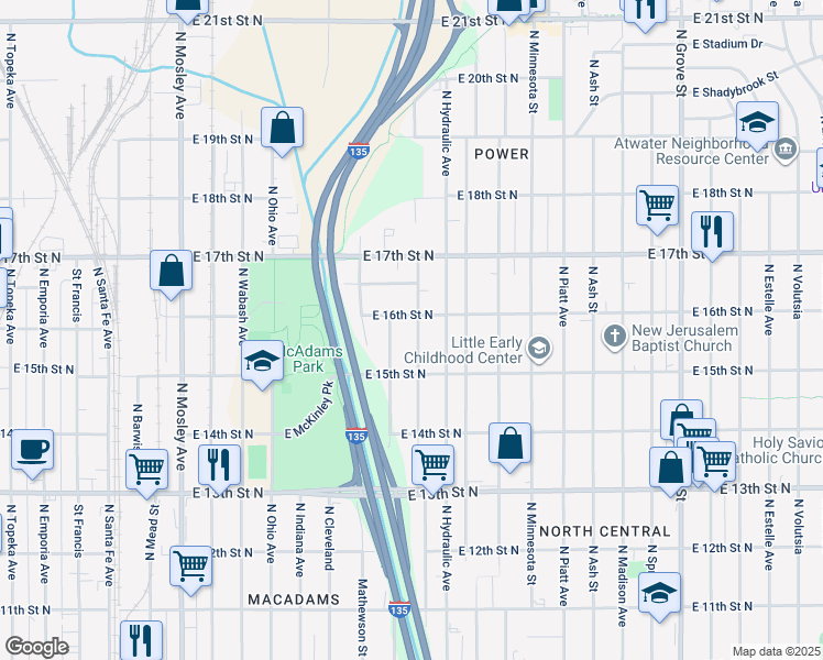 map of restaurants, bars, coffee shops, grocery stores, and more near 1641 North Pennsylvania Avenue in Wichita