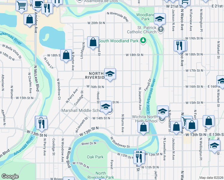 map of restaurants, bars, coffee shops, grocery stores, and more near 1642 North Salina Avenue in Wichita