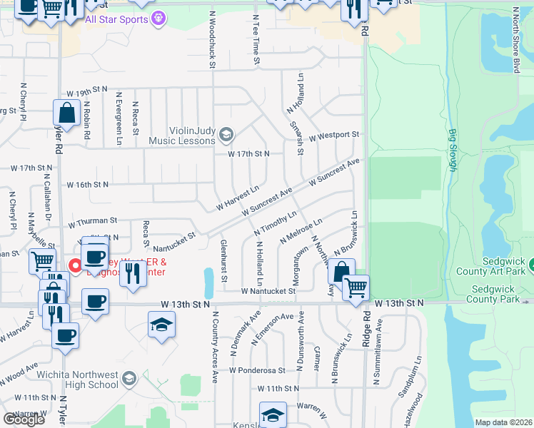 map of restaurants, bars, coffee shops, grocery stores, and more near 7801 W Suncrest St in Wichita