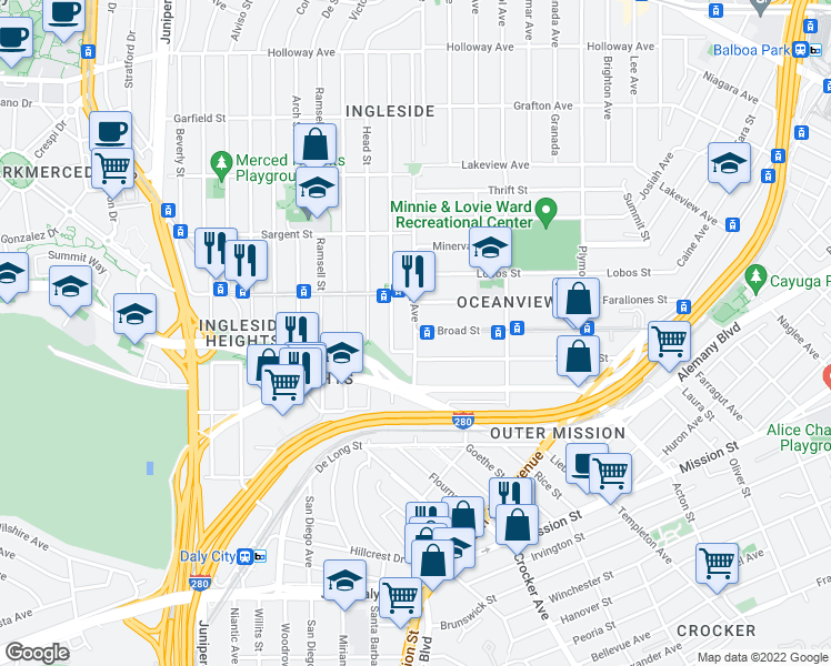 map of restaurants, bars, coffee shops, grocery stores, and more near Orizaba Ave & Broad St in San Francisco