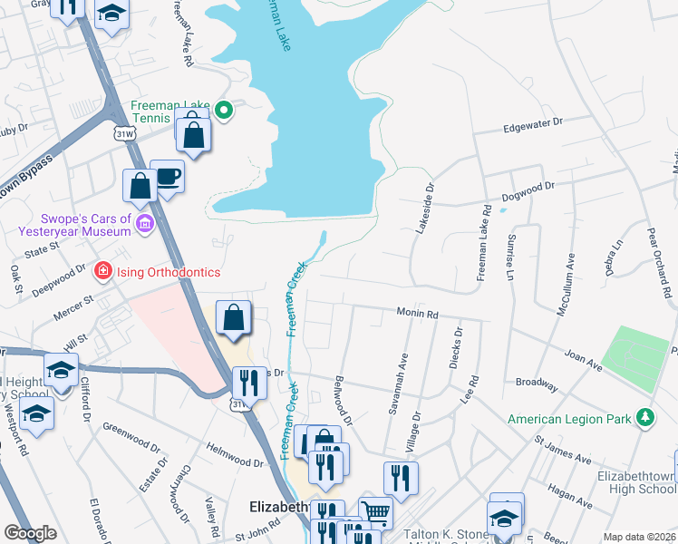 map of restaurants, bars, coffee shops, grocery stores, and more near 9198 Monin Road in Elizabethtown