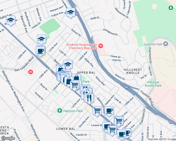 map of restaurants, bars, coffee shops, grocery stores, and more near 1655 Dilletta Avenue in San Leandro