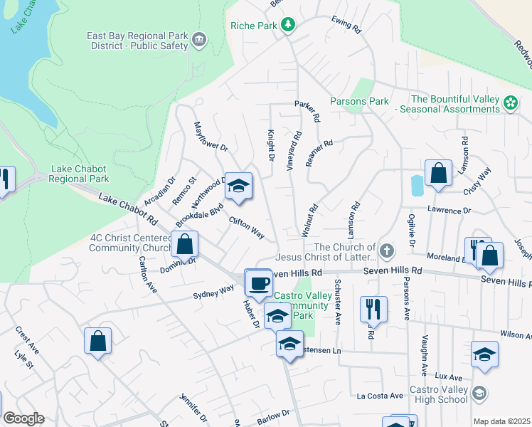 map of restaurants, bars, coffee shops, grocery stores, and more near 18433 Carlwyn Drive in Castro Valley