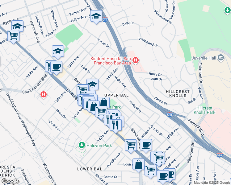 map of restaurants, bars, coffee shops, grocery stores, and more near 1655 Dilletta Avenue in San Leandro