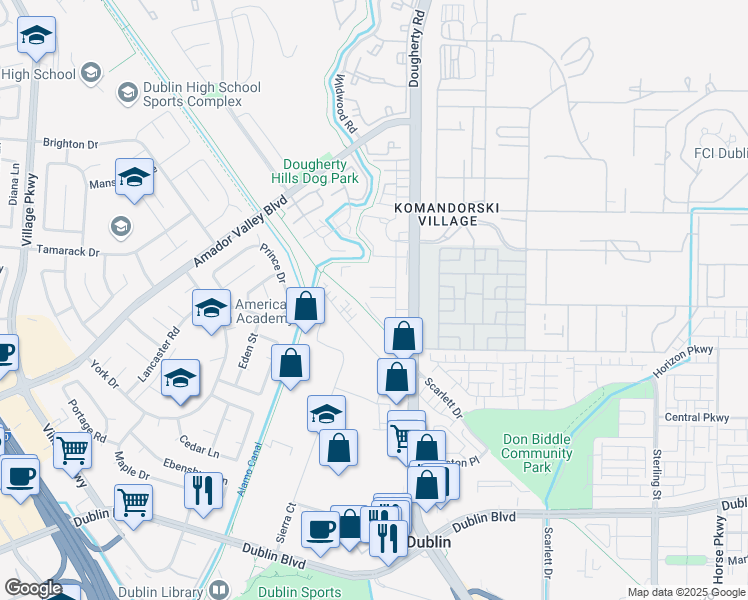map of restaurants, bars, coffee shops, grocery stores, and more near 6622 South Mariposa Lane in Dublin