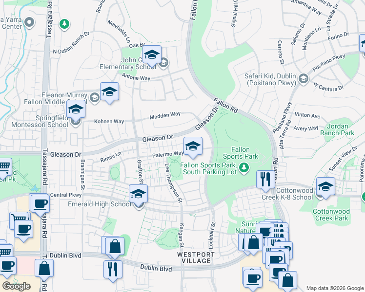 map of restaurants, bars, coffee shops, grocery stores, and more near 3198 Vittoria Loop in Dublin