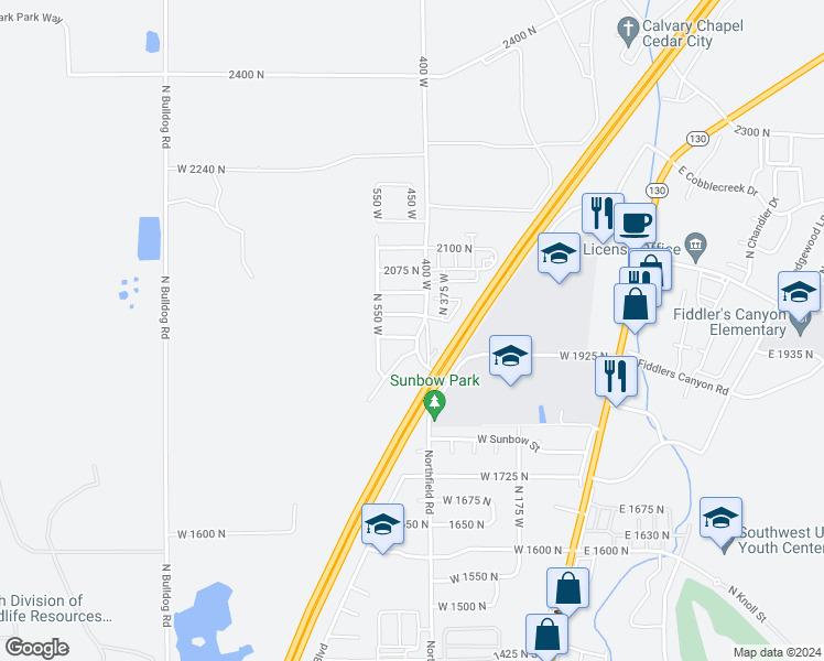map of restaurants, bars, coffee shops, grocery stores, and more near 456 West 1950 North in Cedar City
