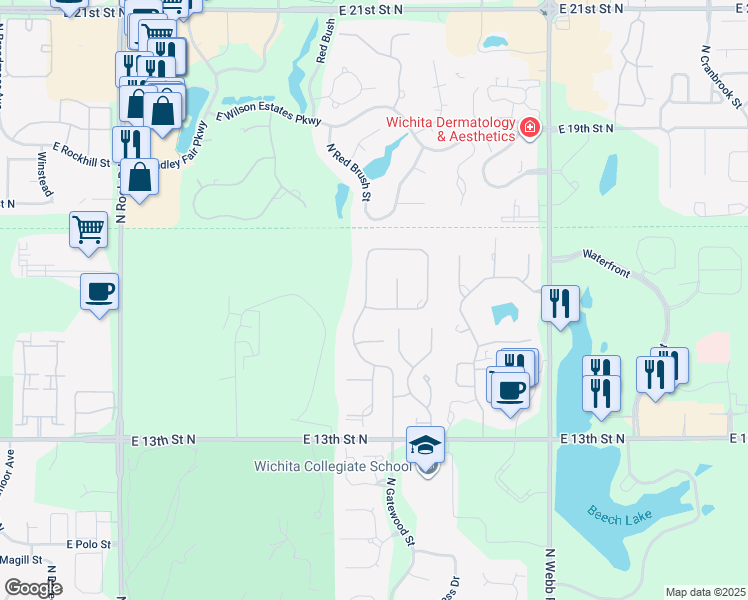 map of restaurants, bars, coffee shops, grocery stores, and more near 8908 East Crestwood Street in Wichita