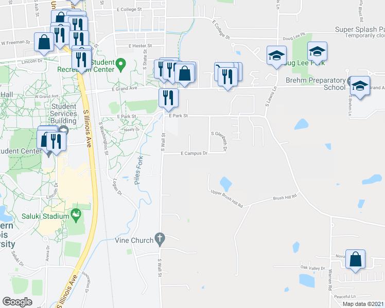 map of restaurants, bars, coffee shops, grocery stores, and more near 617 East Campus Drive in Carbondale