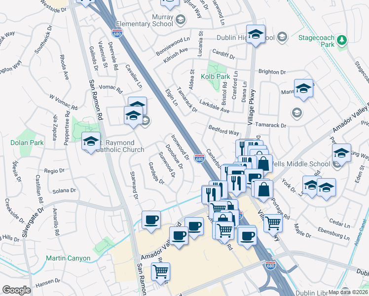 map of restaurants, bars, coffee shops, grocery stores, and more near 7761 Ironwood Drive in Dublin