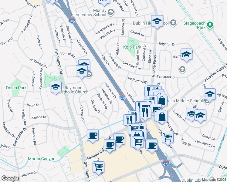 map of restaurants, bars, coffee shops, grocery stores, and more near 7761 Ironwood Drive in Dublin