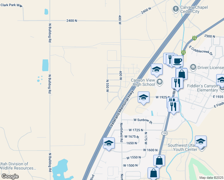 map of restaurants, bars, coffee shops, grocery stores, and more near 534 West 1950 North in Cedar City
