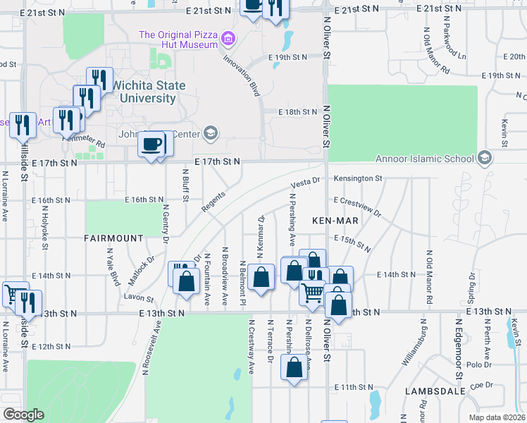 map of restaurants, bars, coffee shops, grocery stores, and more near 1638 Kenmar Street in Wichita