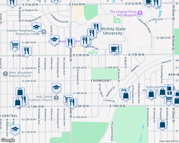 map of restaurants, bars, coffee shops, grocery stores, and more near 1636 Fairmount Street in Wichita