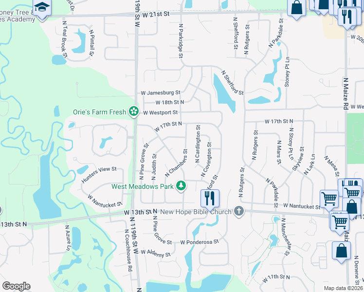 map of restaurants, bars, coffee shops, grocery stores, and more near 1624 North Parkridge Court in Wichita
