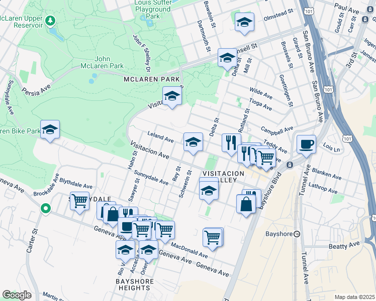 map of restaurants, bars, coffee shops, grocery stores, and more near 20 Schwerin Street in San Francisco