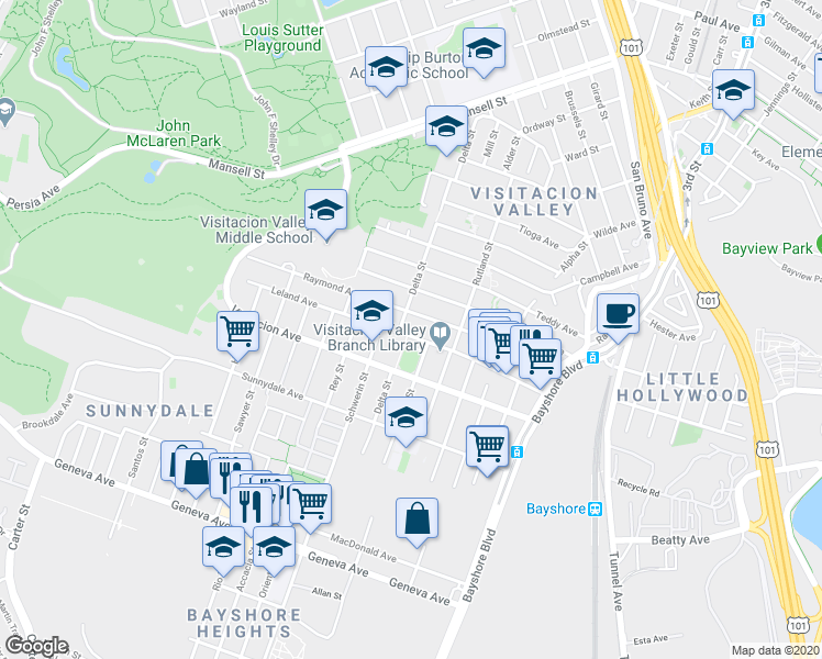 map of restaurants, bars, coffee shops, grocery stores, and more near 280 Leland Avenue in San Francisco