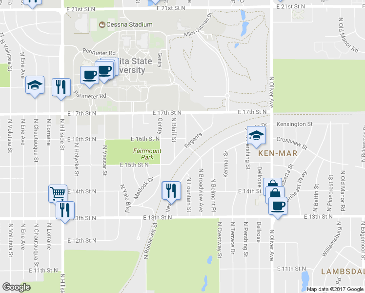 map of restaurants, bars, coffee shops, grocery stores, and more near 4030 Regents in Wichita