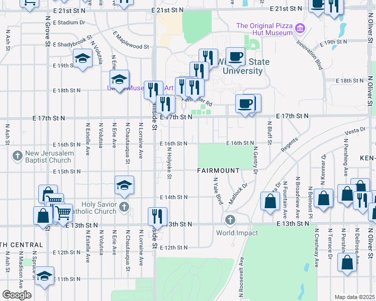 map of restaurants, bars, coffee shops, grocery stores, and more near 1650 Fairmount Street in Wichita