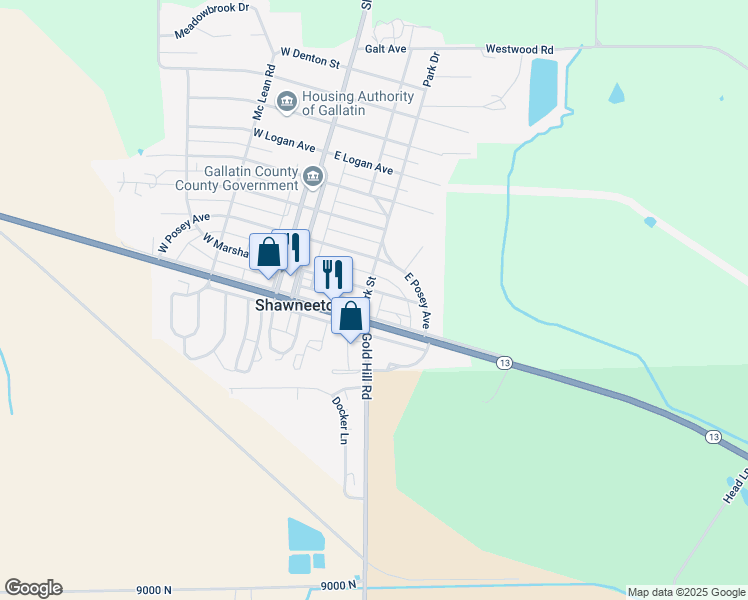 map of restaurants, bars, coffee shops, grocery stores, and more near 287-295 Shawnee Avenue in Shawneetown