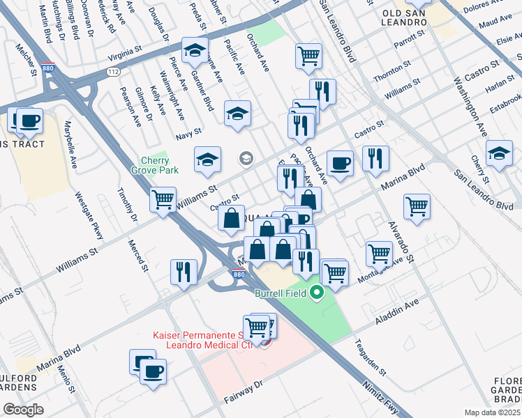 map of restaurants, bars, coffee shops, grocery stores, and more near 1291 Linton Street in San Leandro