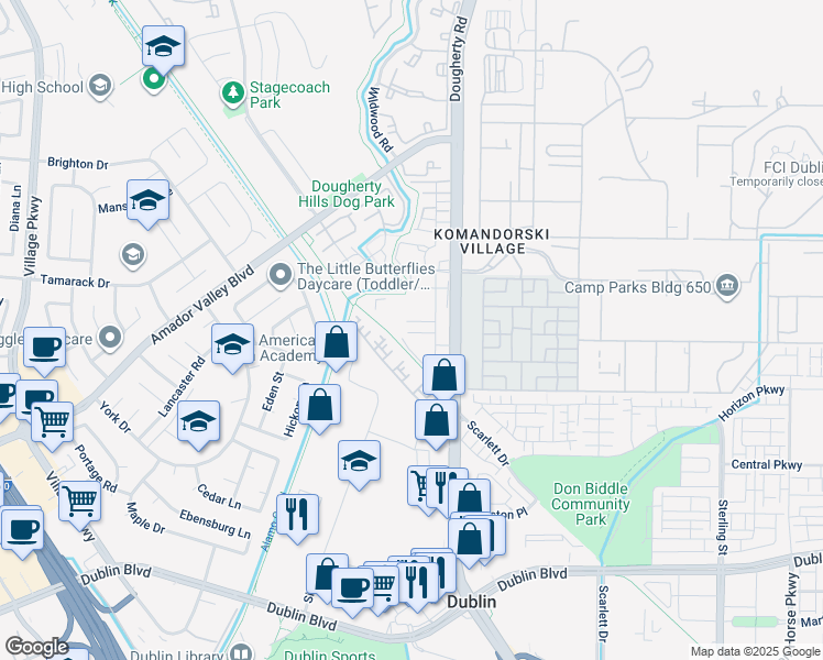 map of restaurants, bars, coffee shops, grocery stores, and more near 6622 South Mariposa Lane in Dublin