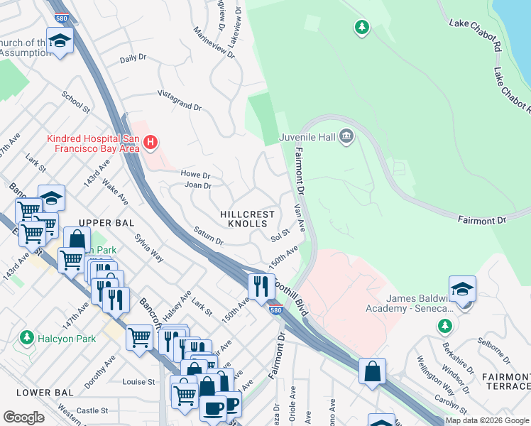 map of restaurants, bars, coffee shops, grocery stores, and more near 2127 Luna Avenue in San Leandro