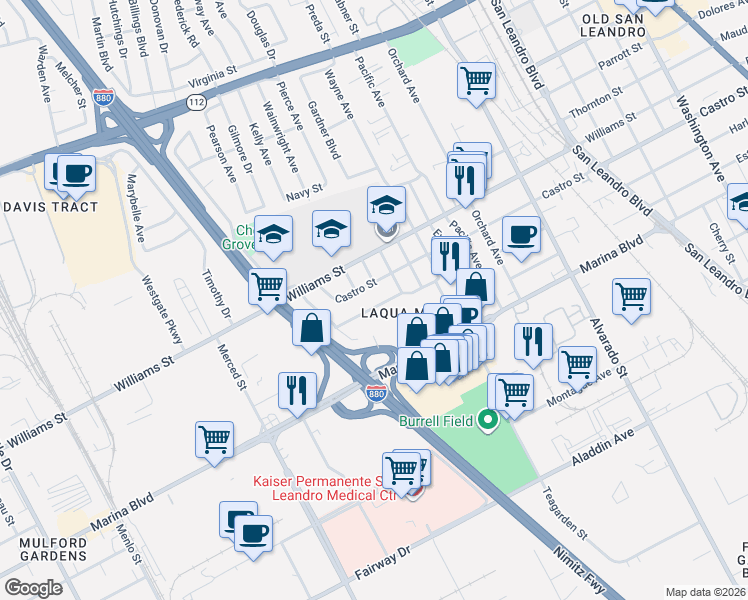map of restaurants, bars, coffee shops, grocery stores, and more near 1341 Linton Street in San Leandro