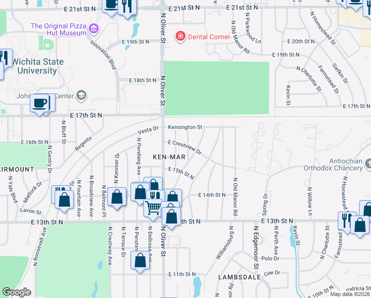 map of restaurants, bars, coffee shops, grocery stores, and more near 1651-1699 Floberta Street in Wichita