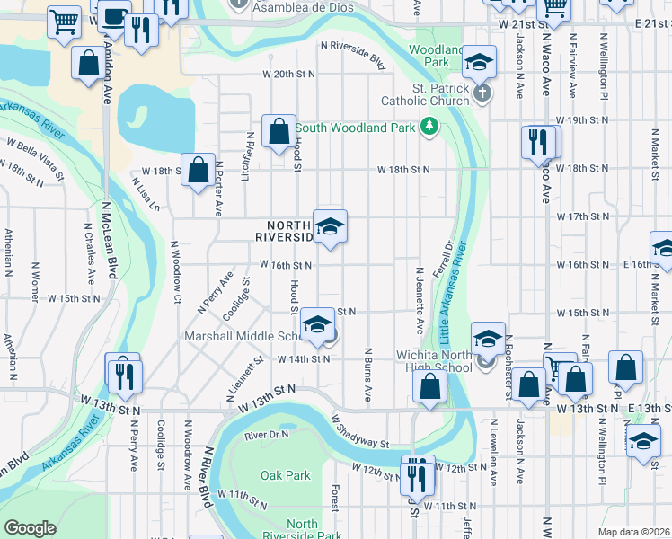 map of restaurants, bars, coffee shops, grocery stores, and more near 1642 North Salina Avenue in Wichita