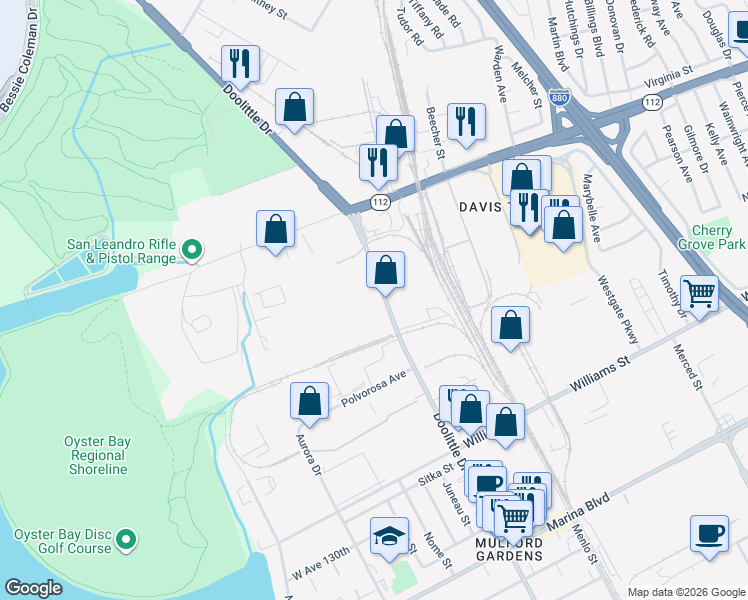 map of restaurants, bars, coffee shops, grocery stores, and more near 1431-1461 Doolittle Dr in San Leandro