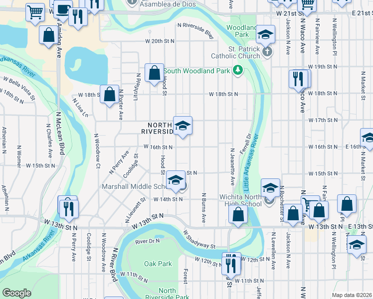 map of restaurants, bars, coffee shops, grocery stores, and more near 1642 North Salina Avenue in Wichita